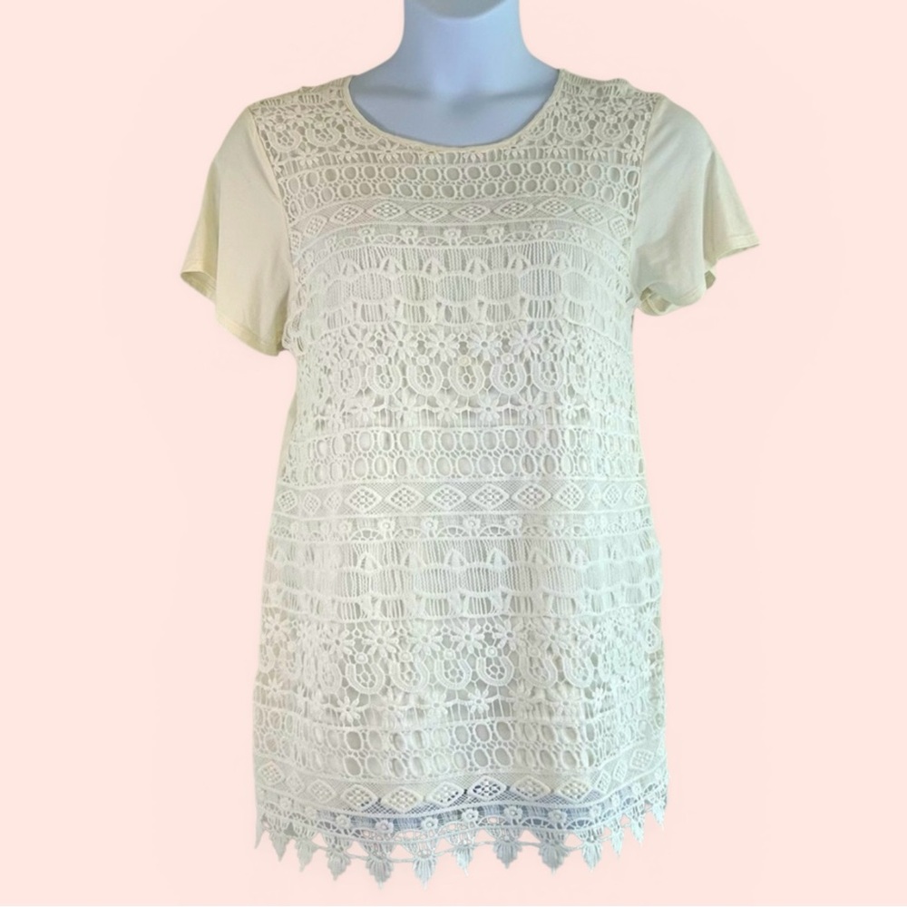 Loveappella Women’s 1X Ivory Pepperell Lace Detail Knit Top